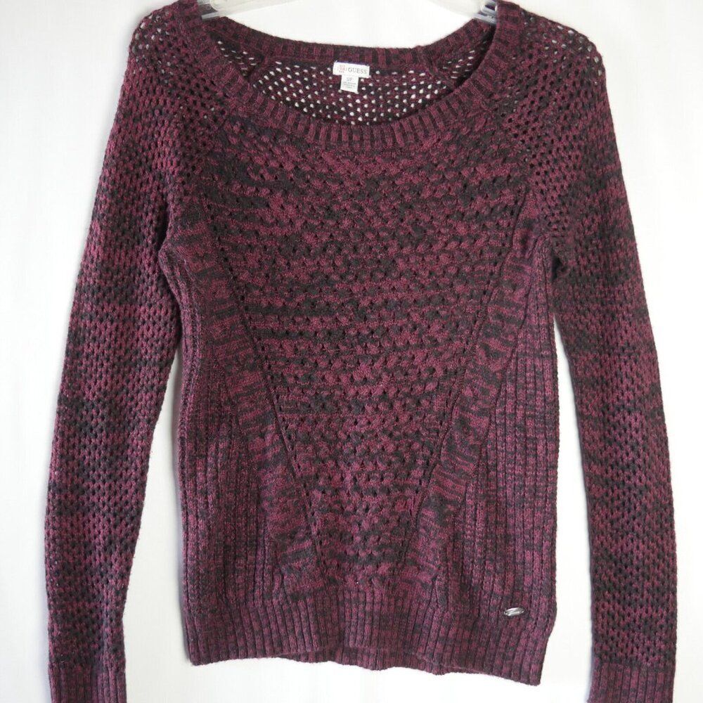 Guess Women S/P Red Heather Open Stitch Long Sleeve Scoop Neck Sweater Pullover